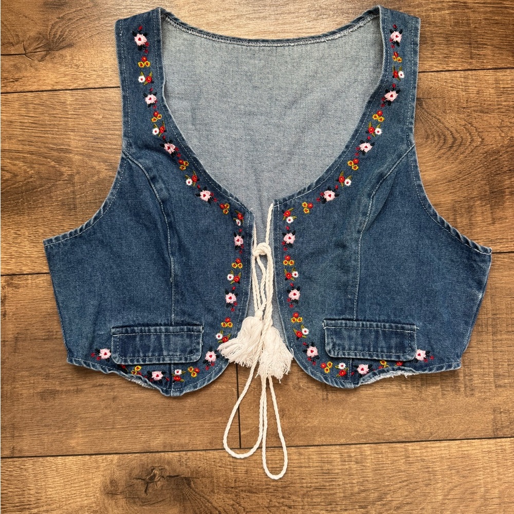 Embroidered Denim Vest with Floral Accents